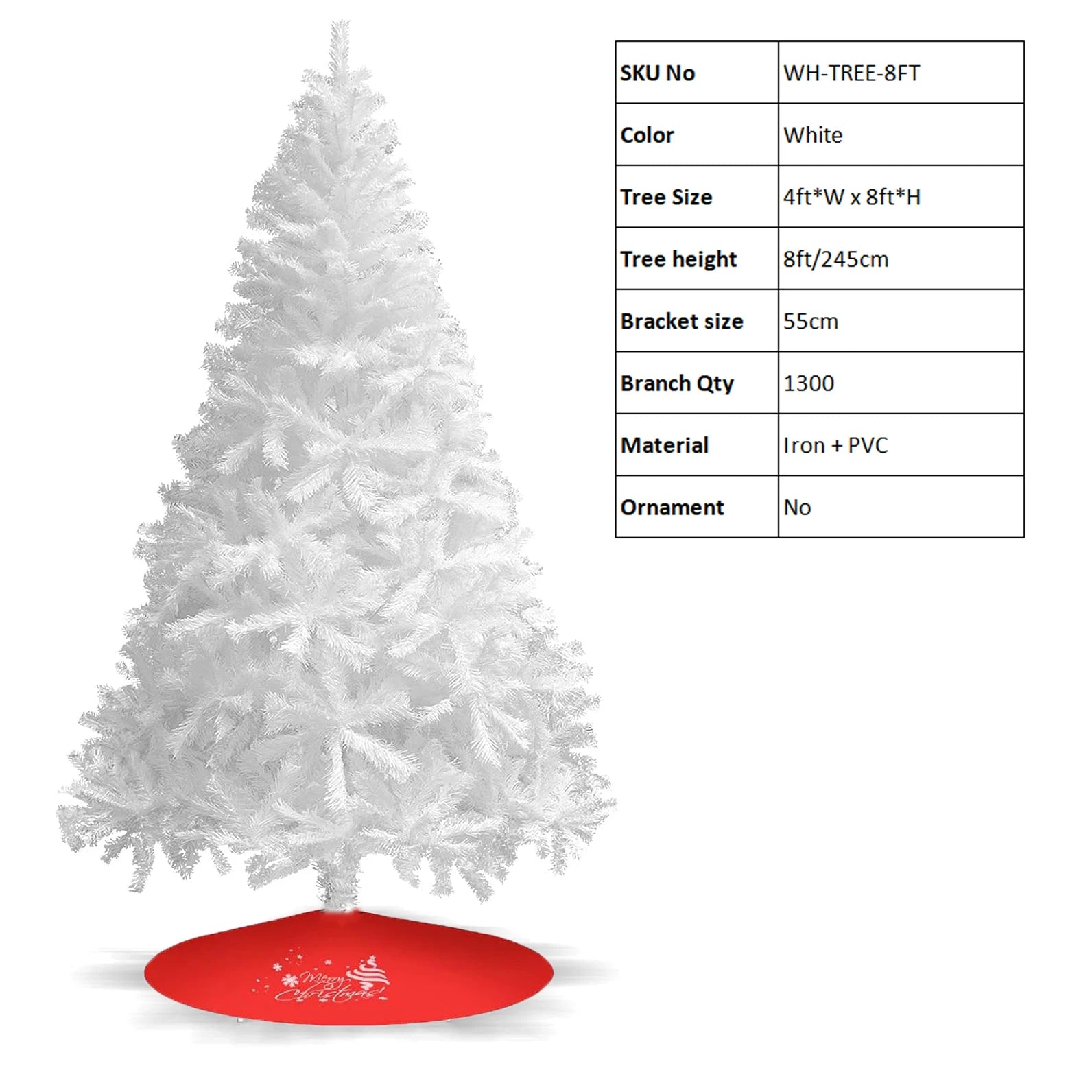 Shophouse Northwest 7ft white Artificial Christmas tree with full branches on red tree skirt and specs table