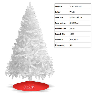 Shophouse Northwest 7ft white Artificial Christmas tree with full branches on red tree skirt and specs table
