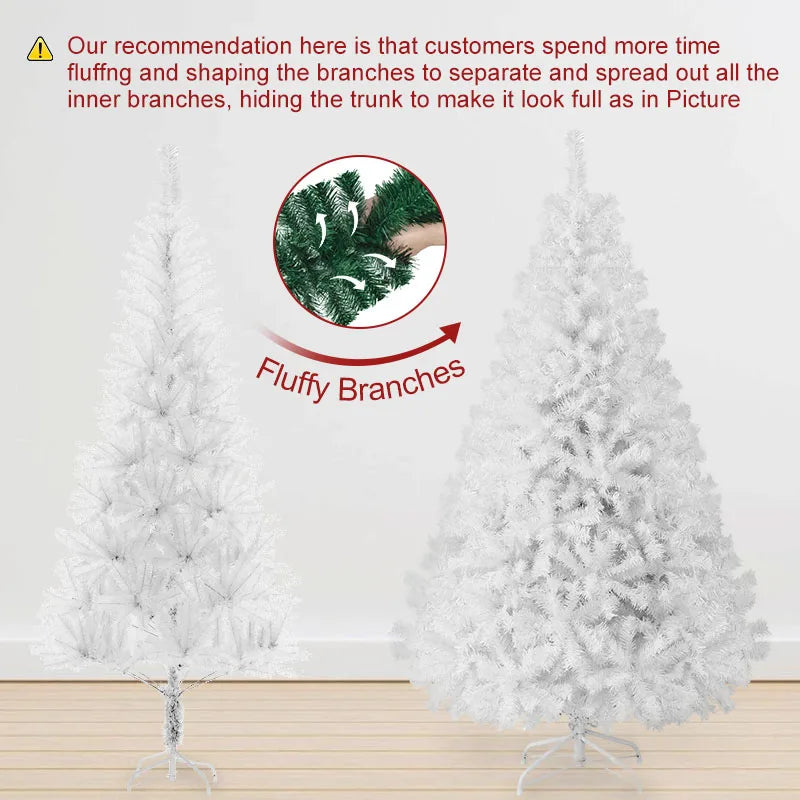 Shophouse Northwest 7ft white Artificial Christmas tree with fluffy branches and metal stand showing sparse vs fluffed