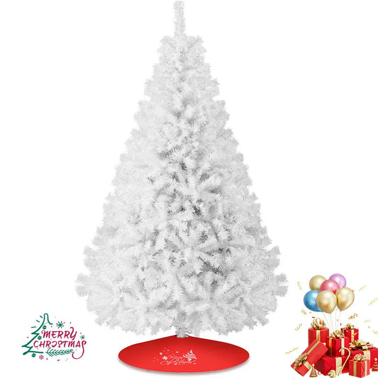Shophouse Northwest 7ft white Artificial Christmas tree with full flocked branches on red tree skirt ideal for holiday decor
