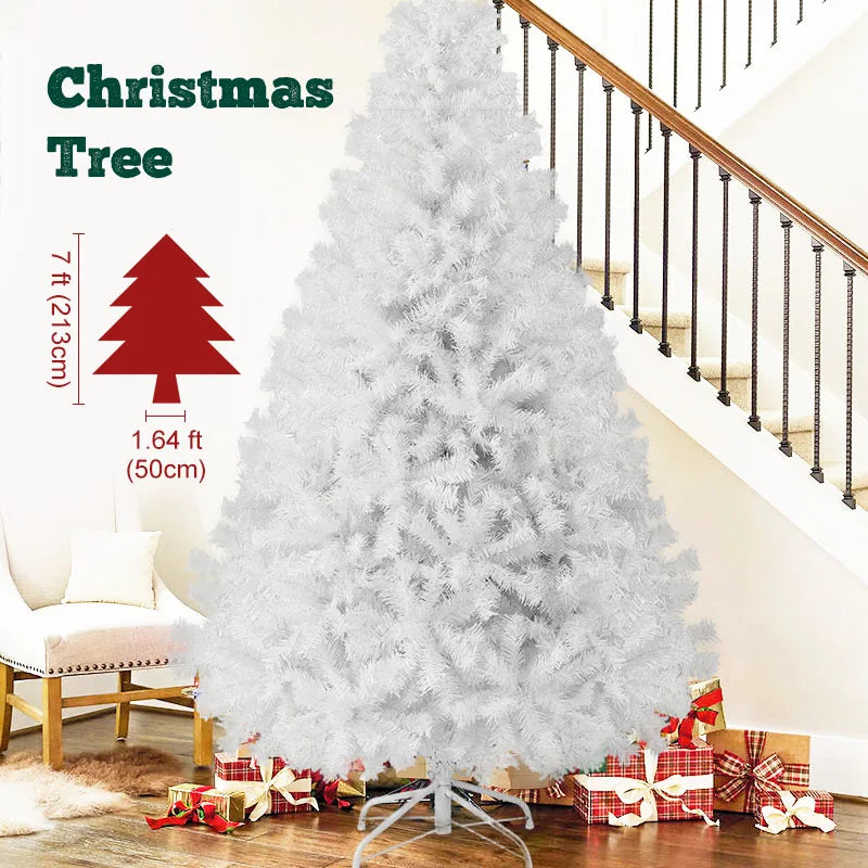7ft white Artificial Christmas tree by Shophouse Northwest in living room near staircase with wrapped gifts