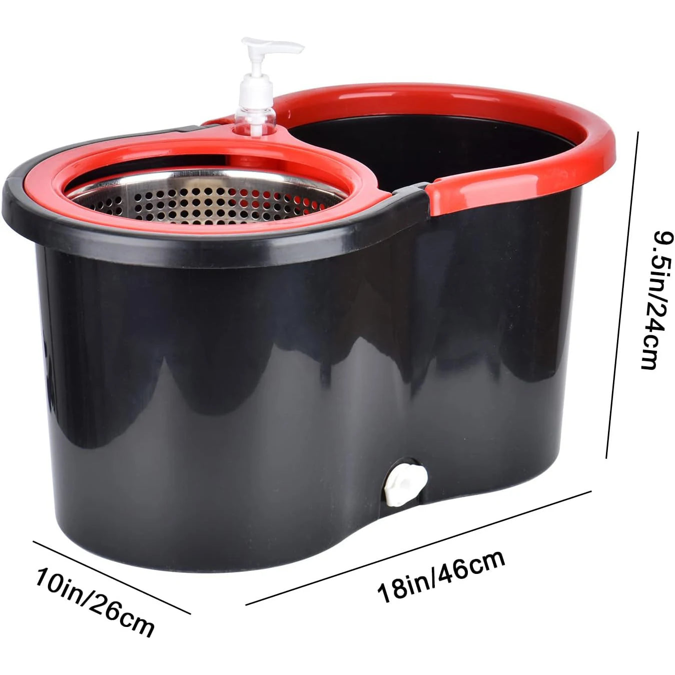 Shophouse Northwest spin mop bucket set black and red with stainless spin wringer soap pump and drain plug