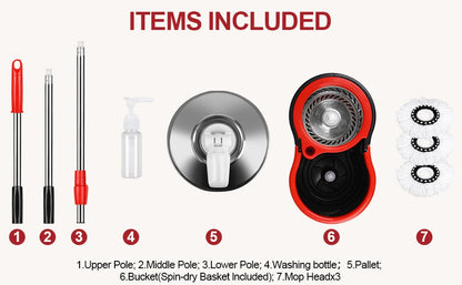 spin mop bucket set components laid out showing three pole sections, washing bottle, spinner basket and three mop heads