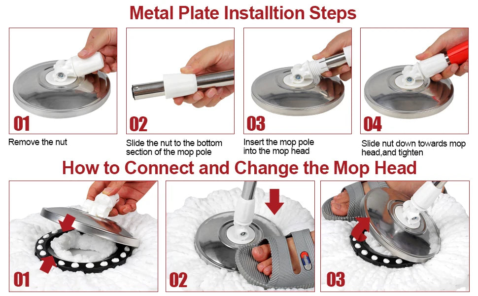 Shophouse Northwest spin mop bucket set instructional images showing metal plate installation and mop head attachment steps