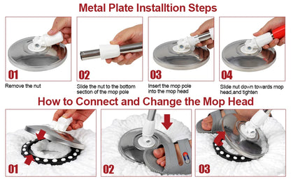 Shophouse Northwest spin mop bucket set instructional images showing metal plate installation and mop head attachment steps