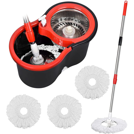 Shophouse Northwest spin mop bucket set with red dual compartment bucket and stainless steel spinner mop and 3 replacement heads