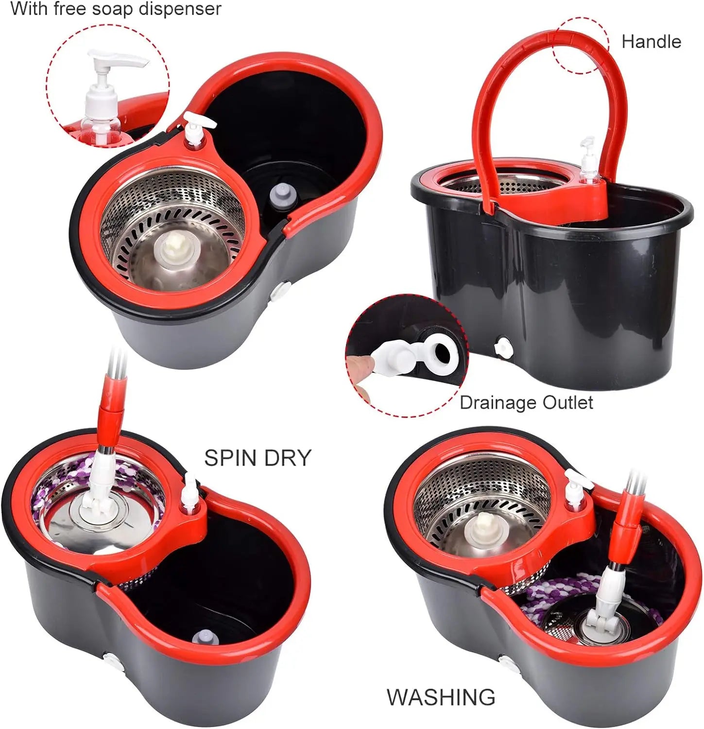 Shophouse Northwest spin mop bucket set in red and black with stainless steel spinner and soap dispenser
