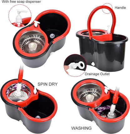 Shophouse Northwest spin mop bucket set in red and black with stainless steel spinner and soap dispenser