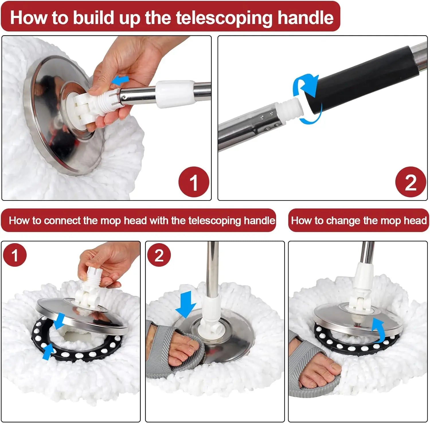 Shophouse Northwest spin mop bucket set instructional collage showing telescoping handle assembly and mop head connection