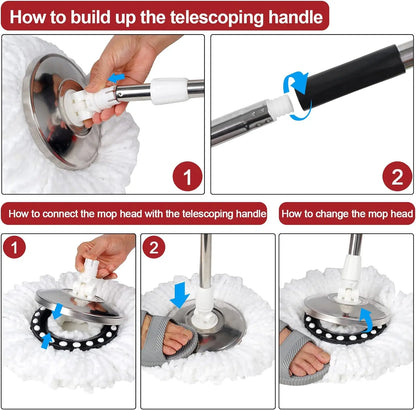 Shophouse Northwest spin mop bucket set instructional collage showing telescoping handle assembly and mop head connection