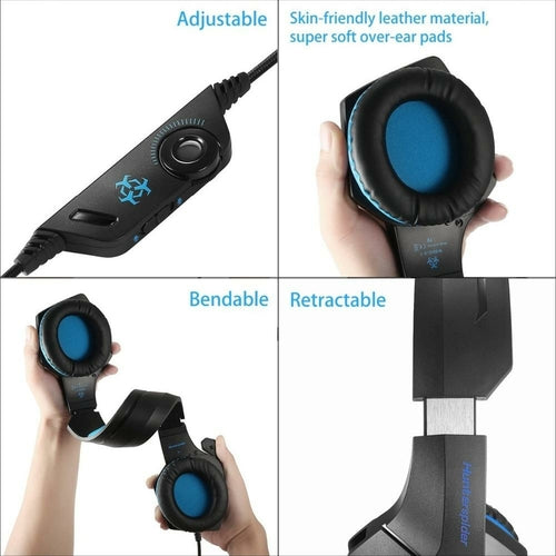 Adjustable LED gaming headset with microphone featuring soft ear pads and retractable design