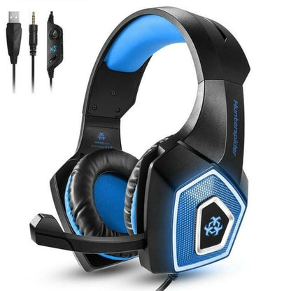 HunterSpider LED gaming headset with microphone featuring adjustable volume and comfortable ear cushions