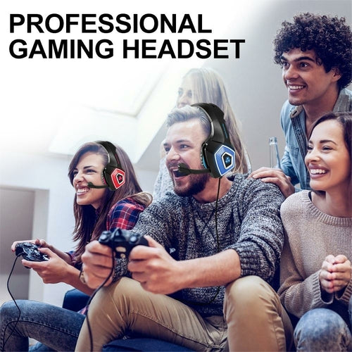 LED gaming headset with microphone worn by gamers enjoying a multiplayer gaming session