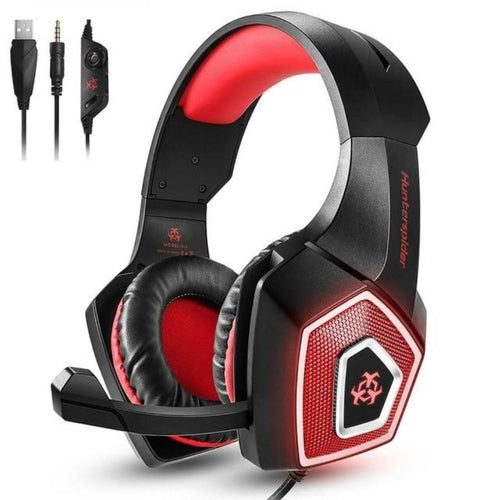 Hunterspider LED gaming headset with microphone featuring adjustable ear cushions and vibrant LED lights