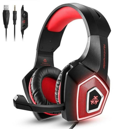 HunterSpider LED gaming headset with microphone featuring adjustable volume and stylish design