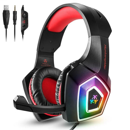 Hunterspider LED gaming headset with microphone featuring RGB lighting and comfortable ear cushions