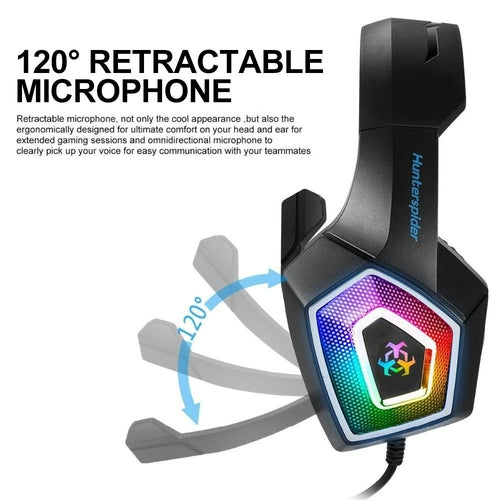 LED gaming headset with microphone featuring a 120 degree retractable mic for clear communication