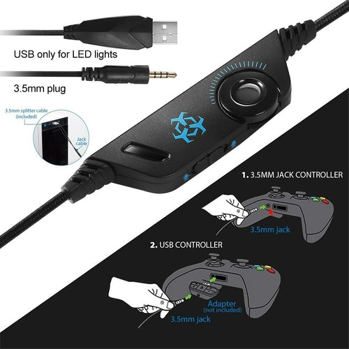 LED gaming headset with microphone featuring a controller for volume adjustment and USB connection for LED lights