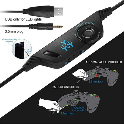 LED gaming headset with microphone featuring a controller for volume adjustment and USB connection for LED lights