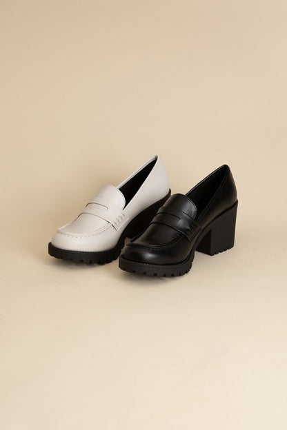 Shophouse Northwest KINDER Loafer shoes black and white leather chunky block heel lug sole loafers