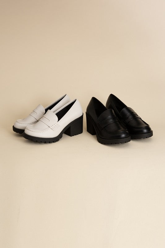 Shophouse Northwest KINDER Loafer shoes black and white chunky block heel penny loafers with lug sole