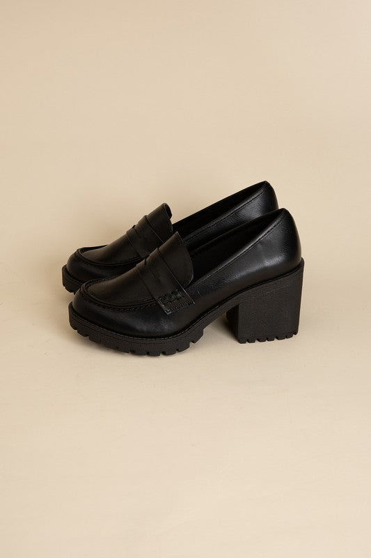 Shophouse Northwest black chunky heel leather KINDER Loafer shoes with lug sole and penny strap