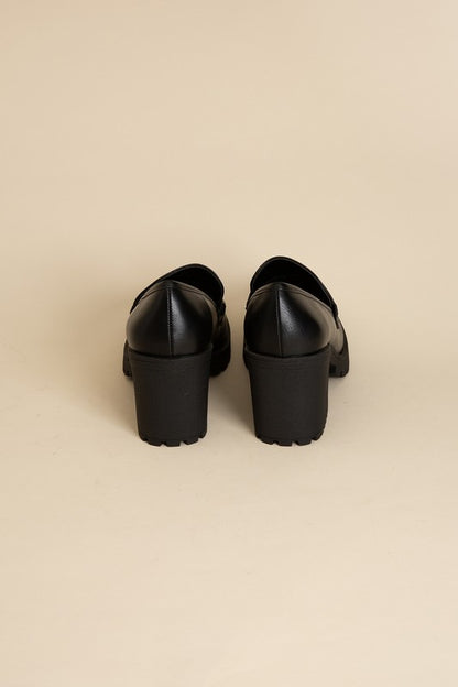 Shophouse Northwest KINDER Loafer shoes black leather chunky block heel loafers back view
