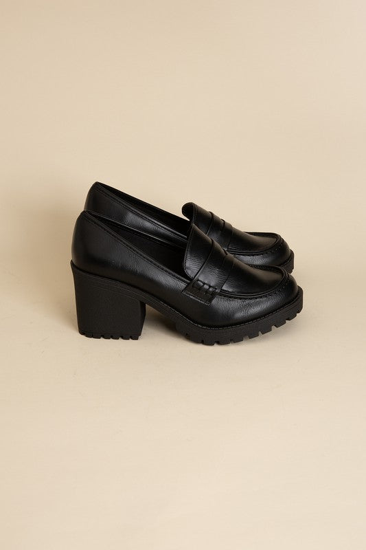 Shophouse Northwest black chunky heel leather loafers on neutral background KINDER Loafer shoes