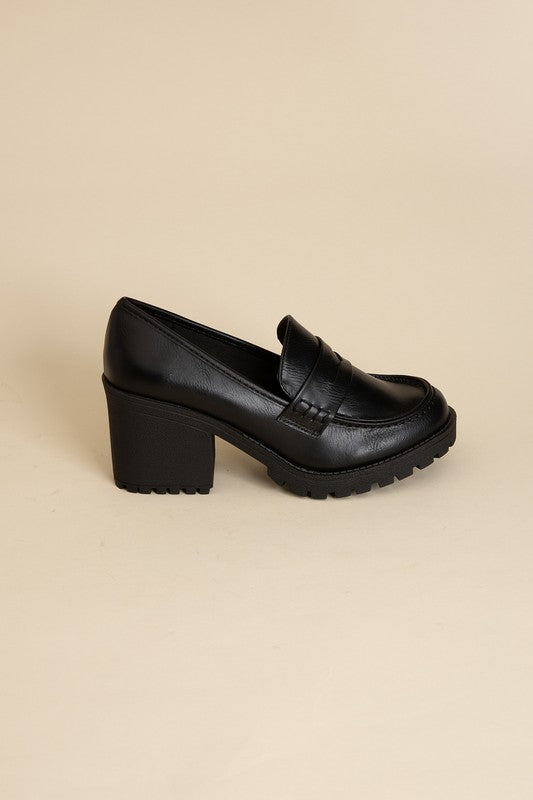Shophouse Northwest KINDER Loafer shoes black leather chunky block heel with lug sole penny loafer
