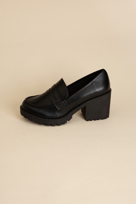 Shophouse Northwest black chunky heel penny loafer with lug sole KINDER Loafer shoes for dressy casual wear