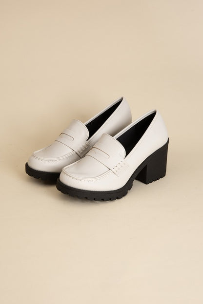 KINDER Loafer shoes Shophouse Northwest white chunky block heel penny loafers with black lug sole