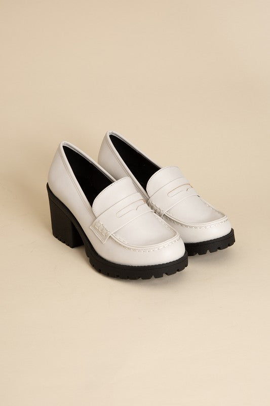 Shophouse Northwest white chunky heel loafers with lug sole and penny strap KINDER Loafer shoes for work and style
