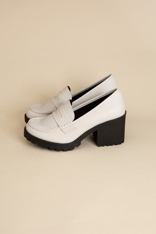 KINDER Loafer shoes white leather loafers with chunky black lug sole and block heel by Shophouse Northwest