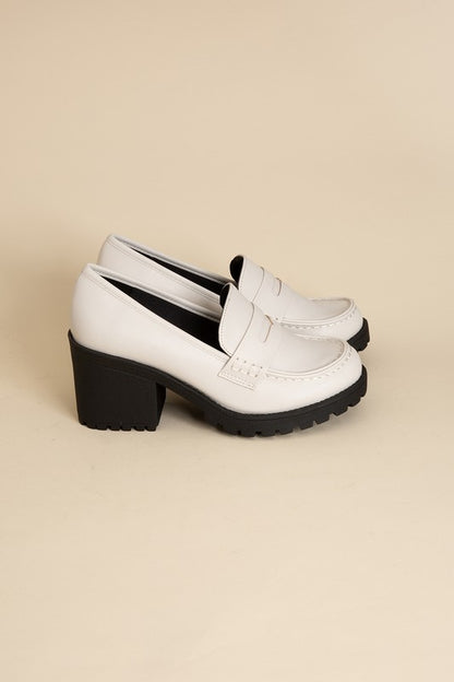 Shophouse Northwest KINDER Loafer shoes white leather chunky black lug sole block heel