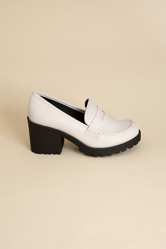 Shophouse Northwest white leather KINDER Loafer shoes with black lug sole and chunky block heel side profile