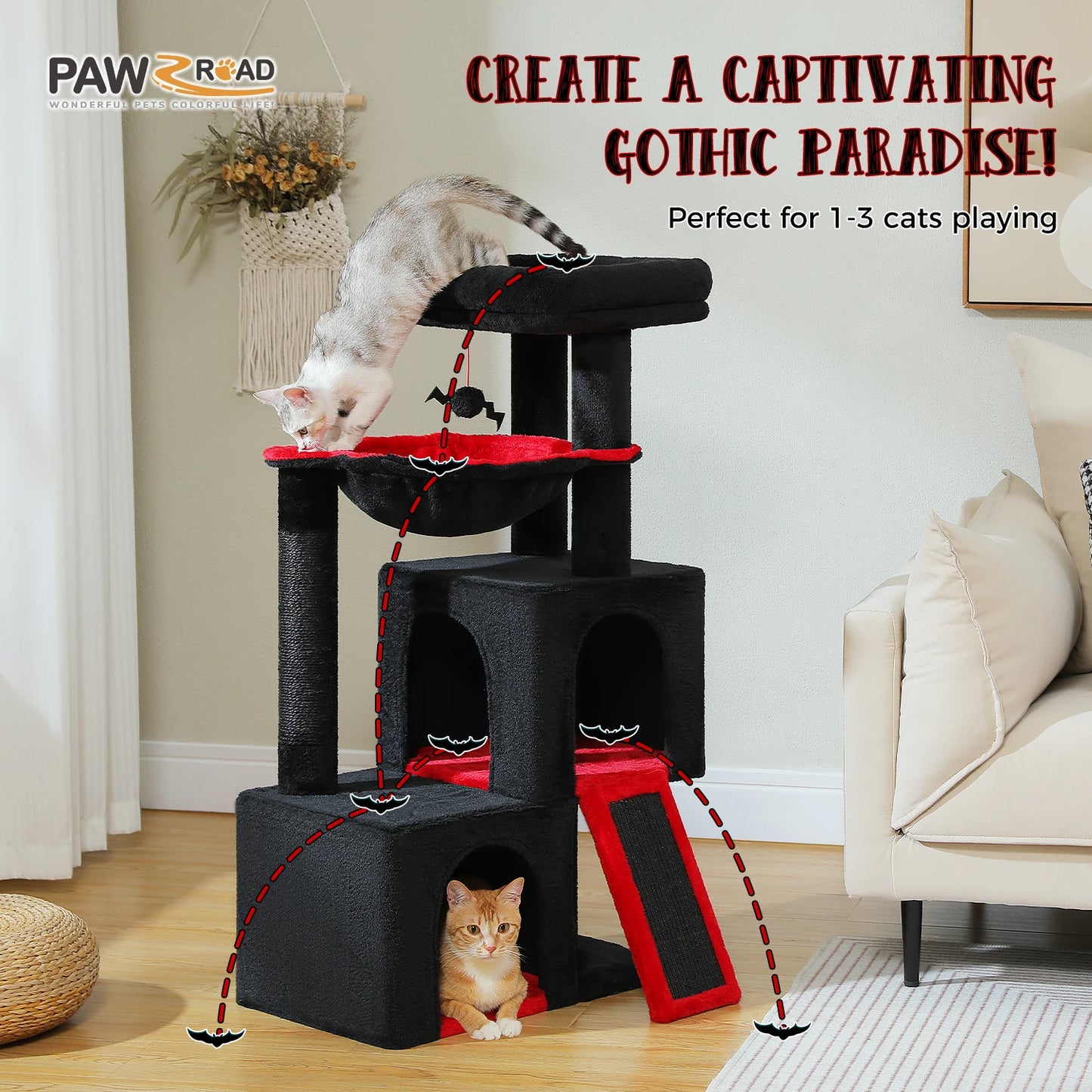 Large cat tree for indoor cats featuring multiple levels and cozy hideaways for playful felines