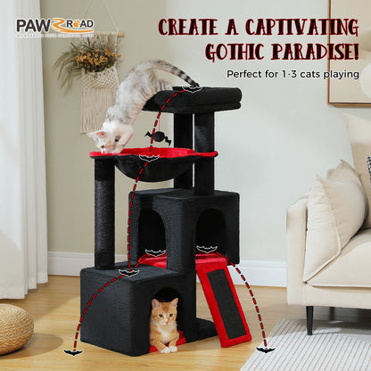 Large cat tree for indoor cats featuring multiple levels and cozy hideaways for playful felines