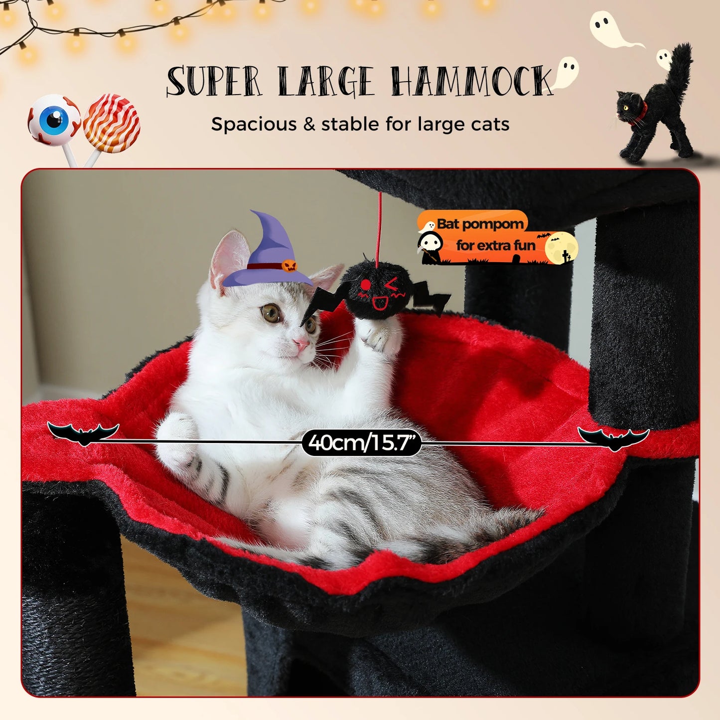 Large cat tree for indoor cats featuring a super large hammock and playful bat pompom accessory