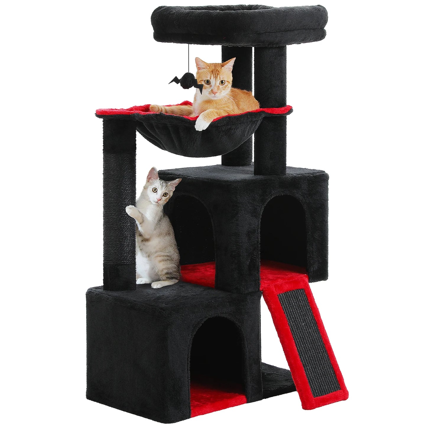 Large cat tree for indoor cats in black and red with multiple levels and hiding spots for playful felines