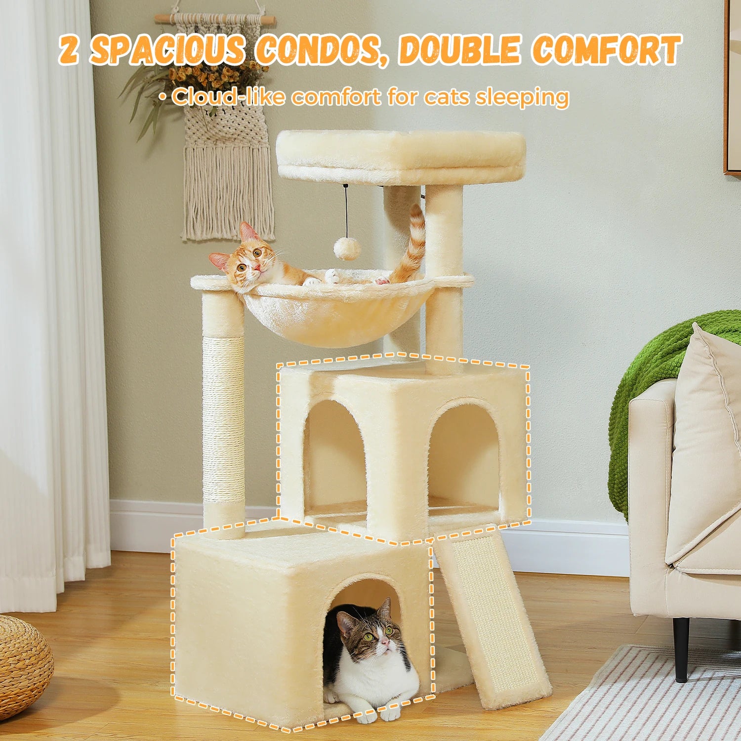 Large cat tree for indoor cats featuring two spacious condos and a cozy hammock for ultimate comfort
