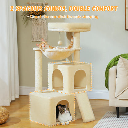 Large cat tree for indoor cats featuring two spacious condos and a cozy hammock for ultimate comfort