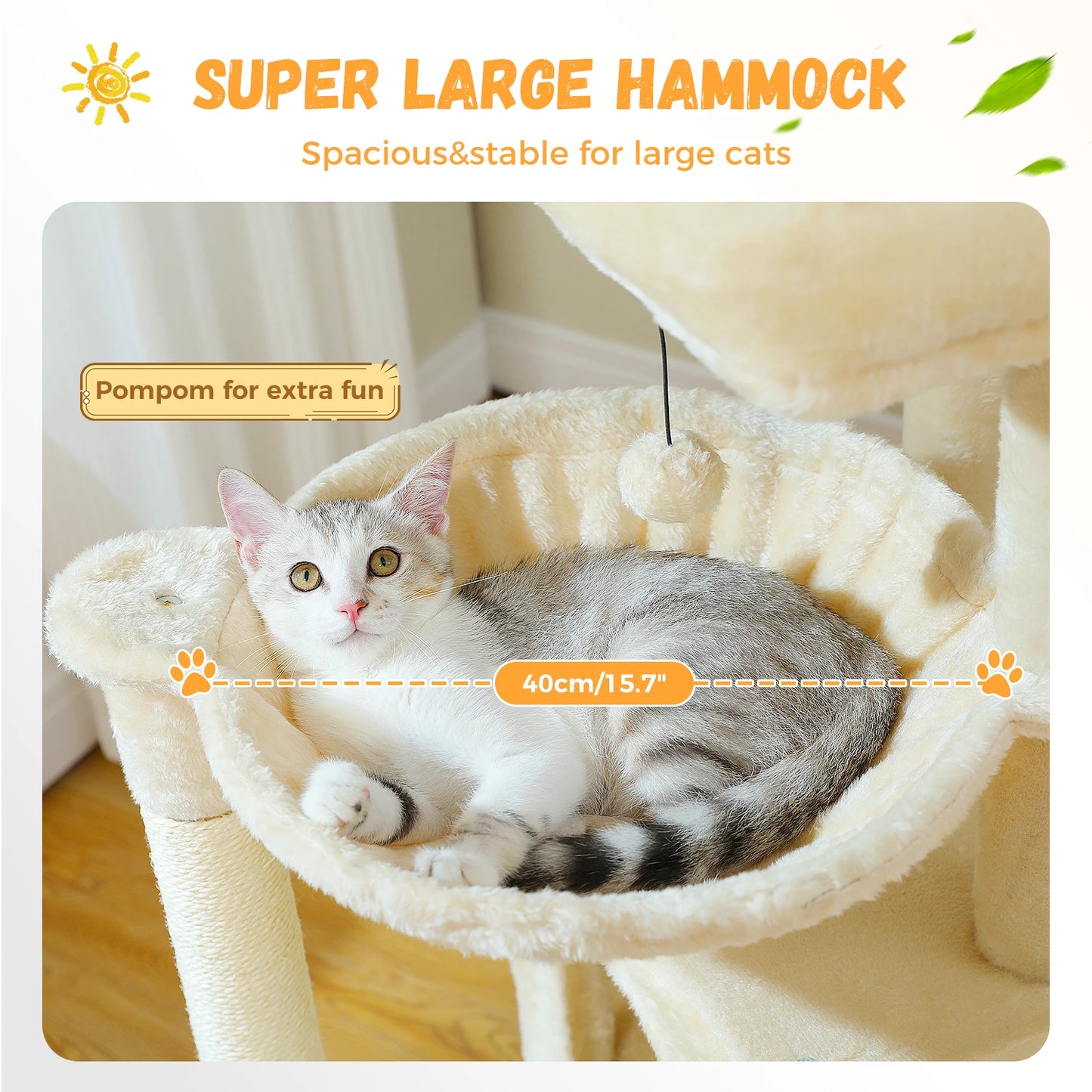 Large cat tree for indoor cats featuring a super large hammock for comfort and playful pompom