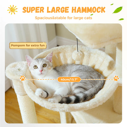 Large cat tree for indoor cats featuring a super large hammock for comfort and playful pompom
