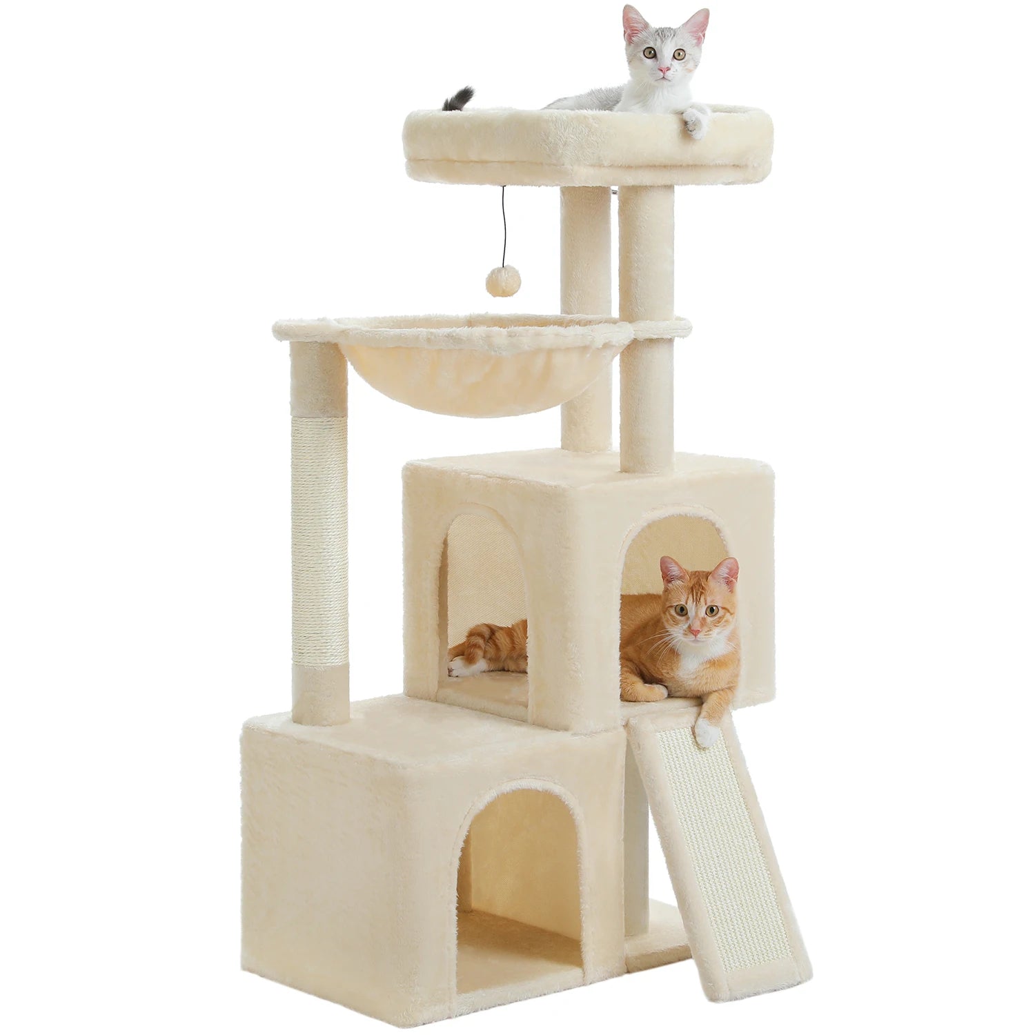 Large cat tree for indoor cats with multiple levels, scratching posts, and interactive features