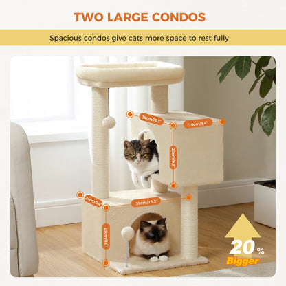 Large cat tree for indoor cats featuring two spacious condos for resting and playing