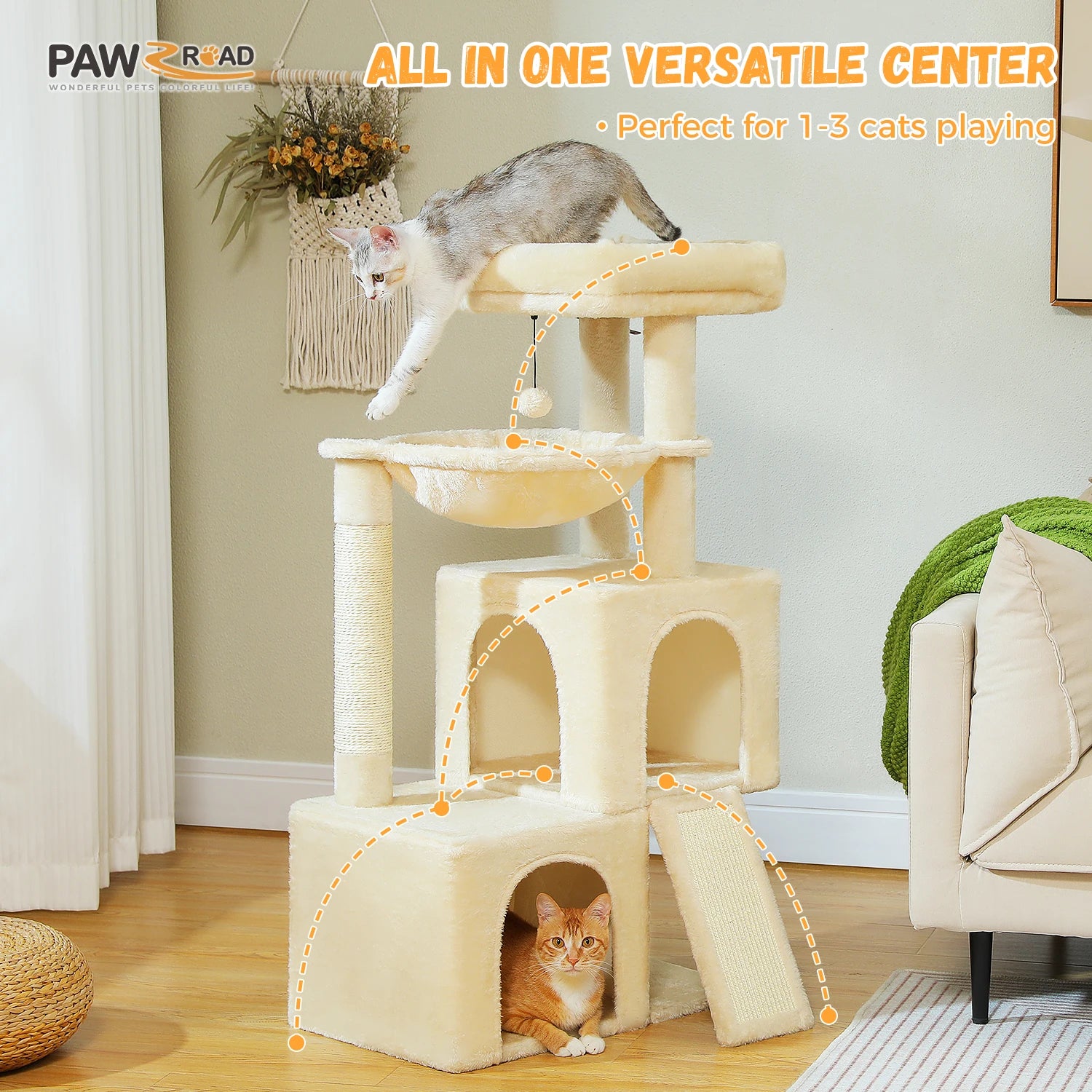 Large cat tree for indoor cats with multiple levels and hideaways for 1 to 3 cats playing