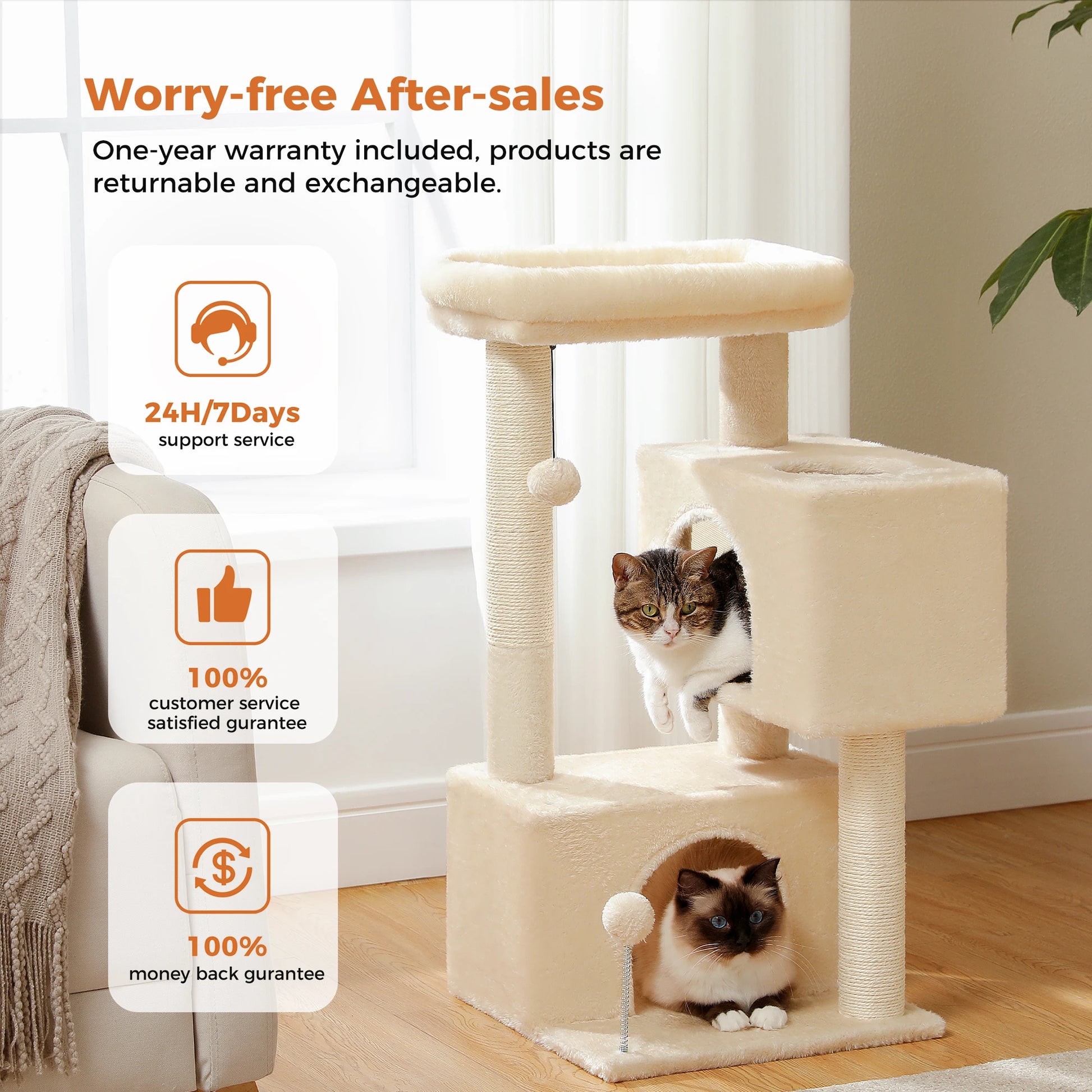 Large cat tree for indoor cats with multiple levels and cozy hiding spots for playful felines