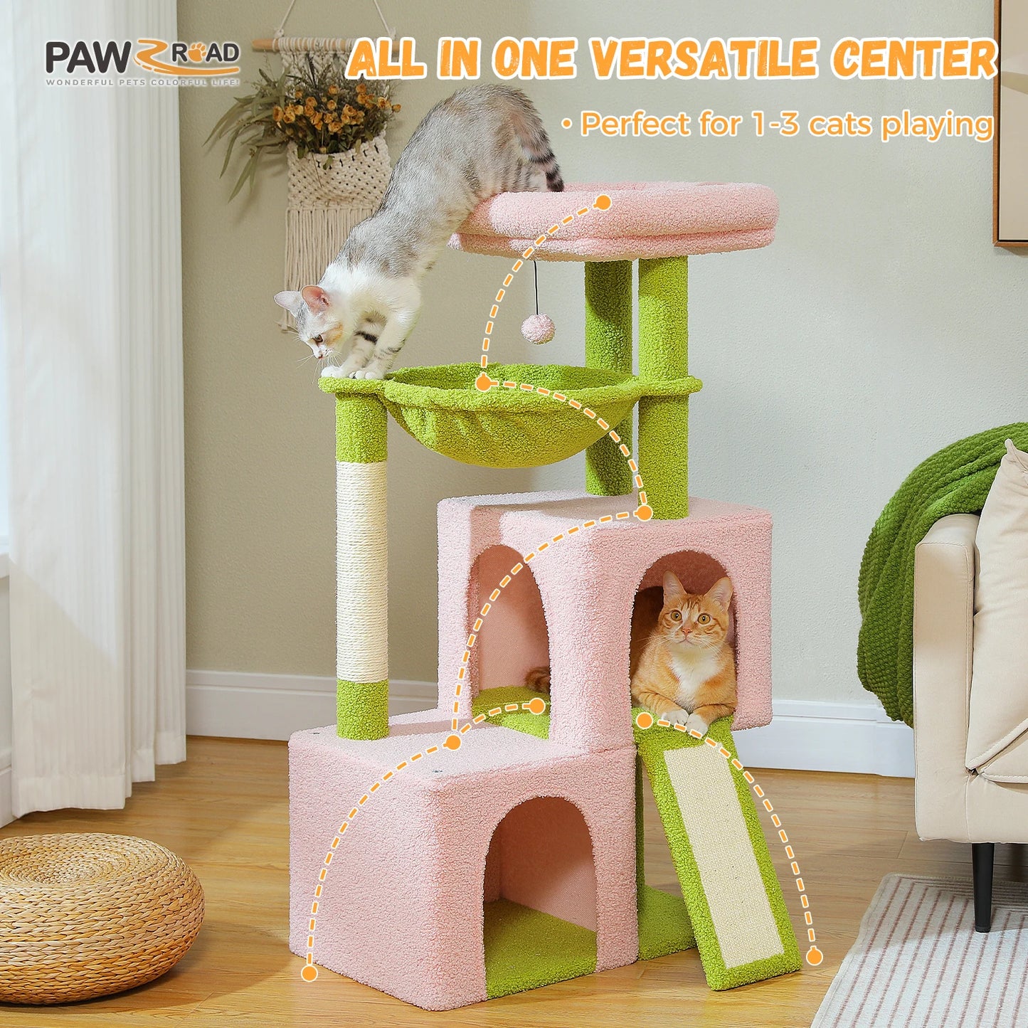 Large cat tree for indoor cats featuring multiple levels and fun play areas for one to three cats