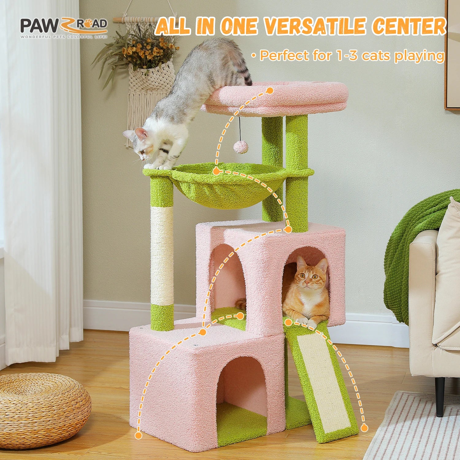 Large cat tree for indoor cats featuring multiple levels and fun play areas for one to three cats