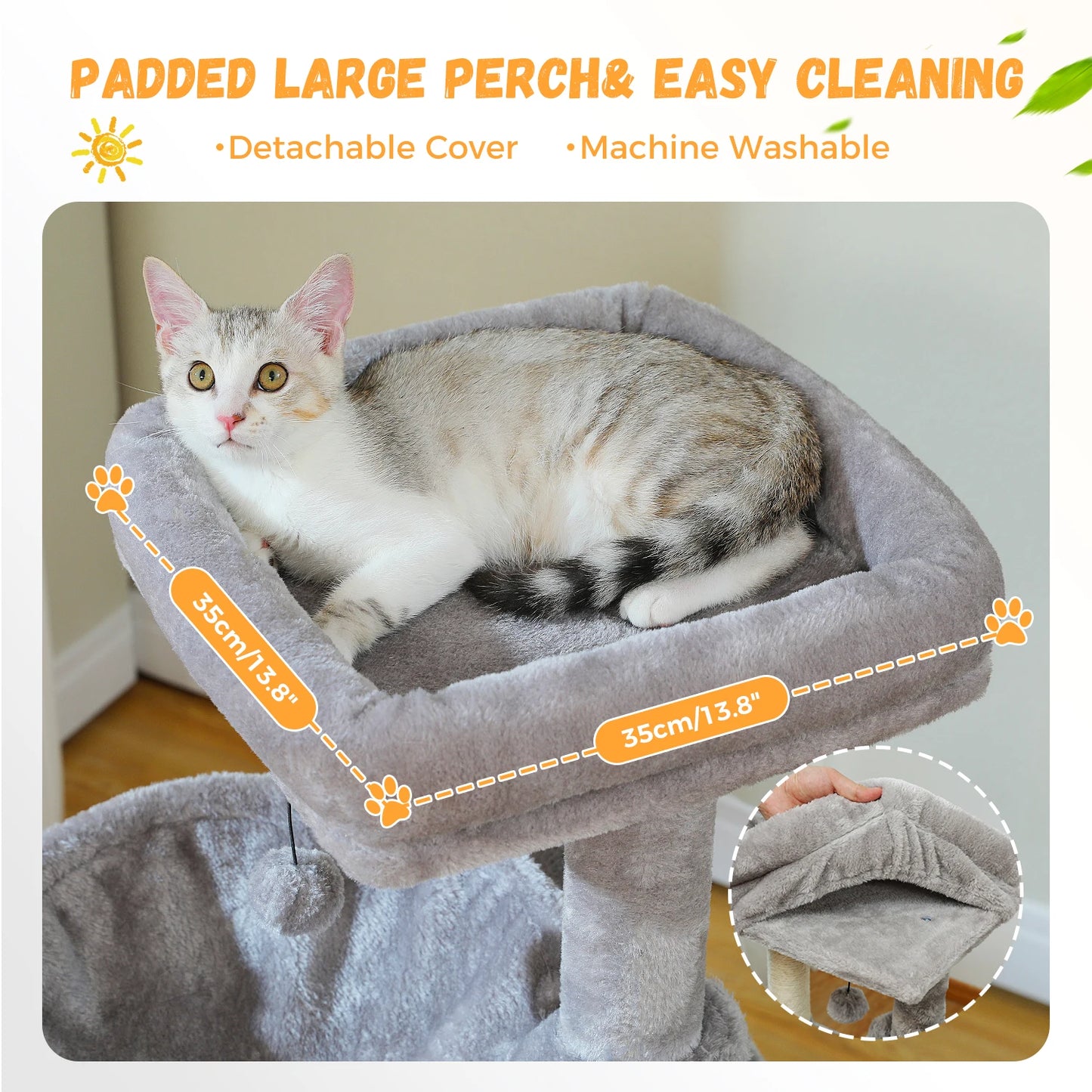Padded large perch on a large cat tree for indoor cats, featuring machine washable, detachable cover.